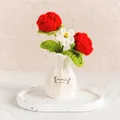 Handmade red crochet rose potted plant ornament in a white woven vase with heart tag - Rose Red