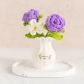 Handmade crochet purple rose potted plant in white knitted vase on tray - Rose Purple