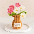 Handmade crochet flower bouquet in a brown knitted vase for desktop home decoration - Forget-Me-Not Gradient Pink