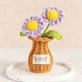 Handmade crochet purple flower potted plant ornament in a brown knitted vase decoration - Purple Daisy