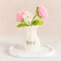 Handmade crochet pink tulip and white flower ornament in a cozy white yarn vase - Rose Pink