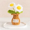Handmade crocheted white daisy potted plant in a woven brown vase for desktop decor - Daisy White