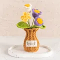 Handmade crochet tulip potted plant with purple and yellow flowers in a knitted vase - Lily of the Valley Purple