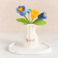 Handmade crochet flower pot with blue and yellow tulips in a white knitted vase ornament - Lily of the Valley Blue