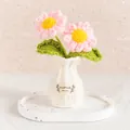 Handmade crochet pink flower potted plant in white woven vase for desktop decor - Daisy Pink