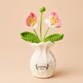 Handmade crocheted pink tulip flower pot arrangement with knitted vase for desk decor - Phalaenopsis Orchid Pink