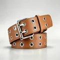 Brown punk style faux leather belt with double rows of metal eyelets and double-prong buckle - Khaki (Flat Tail) / 110cm