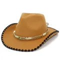Cappello da cowboy western in feltro di lana con tesa larga e fascia decorativa piuma - Cachi