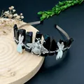 Handmade bohemian black crystal crown headband with silver bee and dragonfly charms - Obsidian