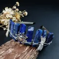 Handmade natural blue raw stone headband crown with silver dragonfly and sun charms - Lapis Lazuli