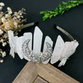 Handmade natural white crystal crown headband featuring silver moon and dragonfly accents - Rose Quartz