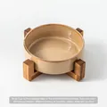Japanese style kiln-changed ceramic pet bowl with elevated wooden stand in beige - Kiln Glazed Brown Water Bowl With Single Stand / Medium