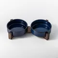 Japanese style kiln-changed navy blue ceramic double pet bowls with dark wooden stand - Kiln Glazed Blue Water Bowl With Double Stand / Medium