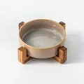 Japanese style ceramic pet bowl with brown reactive glaze and elevated wooden stand - Kiln Glazed Gray Water Bowl With Single Stand / Medium