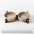 Japanisches Keramik-Doppelnapf-Set mit dunklem Holzständer für Hunde und Katzen - Flacher Napf + Doppelständer / Ofengrau
