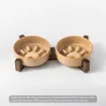 Duales Keramik-Slow-Feeder-Napfset für Haustiere mit minimalistischem Holzständer - Langsamnapf + Einzelständer / Ofenbraun