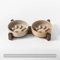 Beige Keramik-Napf für Hunde und Katzen mit Holzständer, langsames Fressen - Langsamnapf + Doppelständer / Ofengrau