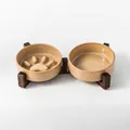 Japanischer Keramik-Futternapf für Haustiere mit Holzständer und praktischer Anti-Schling-Funktion - Langsamnapf + Flacher Napf + Doppelständer / Ofenbraun