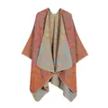 Vintage ethnic style rust orange and blue imitation cashmere shawl cape poncho variant view - Classical Palace / 160cm x 135cm / Orange