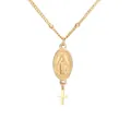 Pendentif Médaille Miraculeuse en acier inoxydable doré avec croix sur chaîne à billes - Or (Collier)