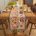 Elegante runner da tavola jacquard floreale con margherite rosa e gialle e nappe verdi - Grandi Fiori Rosa + Nappe Verdi (non Lavare In Lavatrice) / Taglia Personalizzata