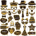 Collection of 38 black and gold glitter birthday photo booth props set for parties - Gold Yellow