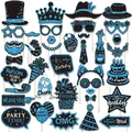 Comprehensive 38-piece blue and black glitter birthday photo booth props set on sticks - Navy Blue