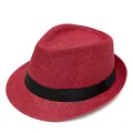 Red breathable paper straw woven Panama hat with black ribbon for summer sun protection - Three-fold Red
