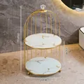 Two-tier gold birdcage makeup organizer with marble trays, 36.5cm height dimension - Birdcage Double Tier - White Gold