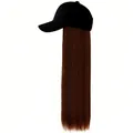 Detailed view of long straight brown hair wig attached to a black baseball cap - Black Hat Light Brown Hair