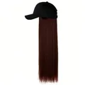 Detailed view of black baseball cap with attached long straight reddish-brown hair wig - Black Hat Dark Brown Hair