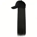 Close-up of black baseball cap with long straight black hair extension wig - Black Hat Black Hair