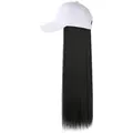 Detailed view of white baseball cap with long straight black hair wig extension - White Hat Black Hair