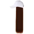 Detailed view of a white baseball cap with integrated long straight brown hair extension - White Hat Light Brown Hair