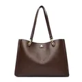 Elegante donkerbruine leren shopper met kiezeltextuur en goudkleurig draaislot voor werk. - koffiekleur