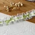 Elegant white Lolita style lace trim with light green satin ribbon bows for DIY crafts - Fruit Green Ribbon