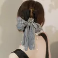 Grande pince à cheveux élégante avec motif pied-de-poule et ruban noir pour chignon - Pince À Nœud Papillon À Motif Pied-de-poule