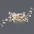 Handmade bridal hair comb with elegant pearls and sparkling crystals on gray background - Gold Luxury Pearl Hair Comb Hs-j4999g