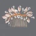 Peigne à cheveux de mariée raffiné en or rose avec feuilles de cristal et pierres gouttes - Peigne À Cheveux Floral En Strass Dorés Hs-j6558g