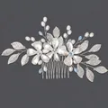 Peigne à cheveux de mariée élégant avec fleurs argentées, perles et cristaux bleus - Peigne À Cheveux Polyvalent Princess Party Hs-j6482