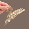French style golden wheat hair claw clip with opal stones and pearl detail - Wheat Ear Shape Opal-Effect Style