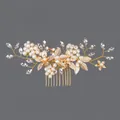 Peigne à cheveux de mariée fait main avec feuilles dorées, perles blanches et cristaux - Peigne À Cheveux De Banquet Fait Main En Or Hs-j6831g