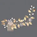 Peigne à cheveux de mariée fait main élégant avec feuilles dorées et perles - Peigne À Cheveux Doré Fait Main Avec Photo Hs-j6844g