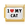 Stainless steel gold Italian charm link with I Love My Cat print and red heart detail - Cat Style (MK-3180)