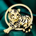Elegante broche de tigre dorado con circonitas brillantes para ropa formal sofisticada - B708