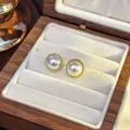 Elegant French vintage white pearl stud earrings with a gold beaded textured border finish - 18# Simple Geometric Pearl Stud Earrings