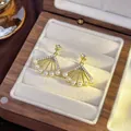 Elegant vintage fan-shaped gold stud earrings with white pearls and sparkling crystals - 16# Micro-painted Fan-shaped Pearl Earrings
