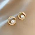Elegant gold pearl stud earrings with sparkling rhinestones for a vintage French style - 24# Diamond-set Square Pearl Stud Earrings