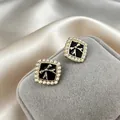 French vintage square pearl stud earrings with black enamel and gold bow - 44# Black Square Pearl Earrings