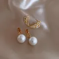 Elegant pearl and gold leaf stud earrings set on champagne silk fabric - 49# Full Diamond Leaf Pearl Earrings
